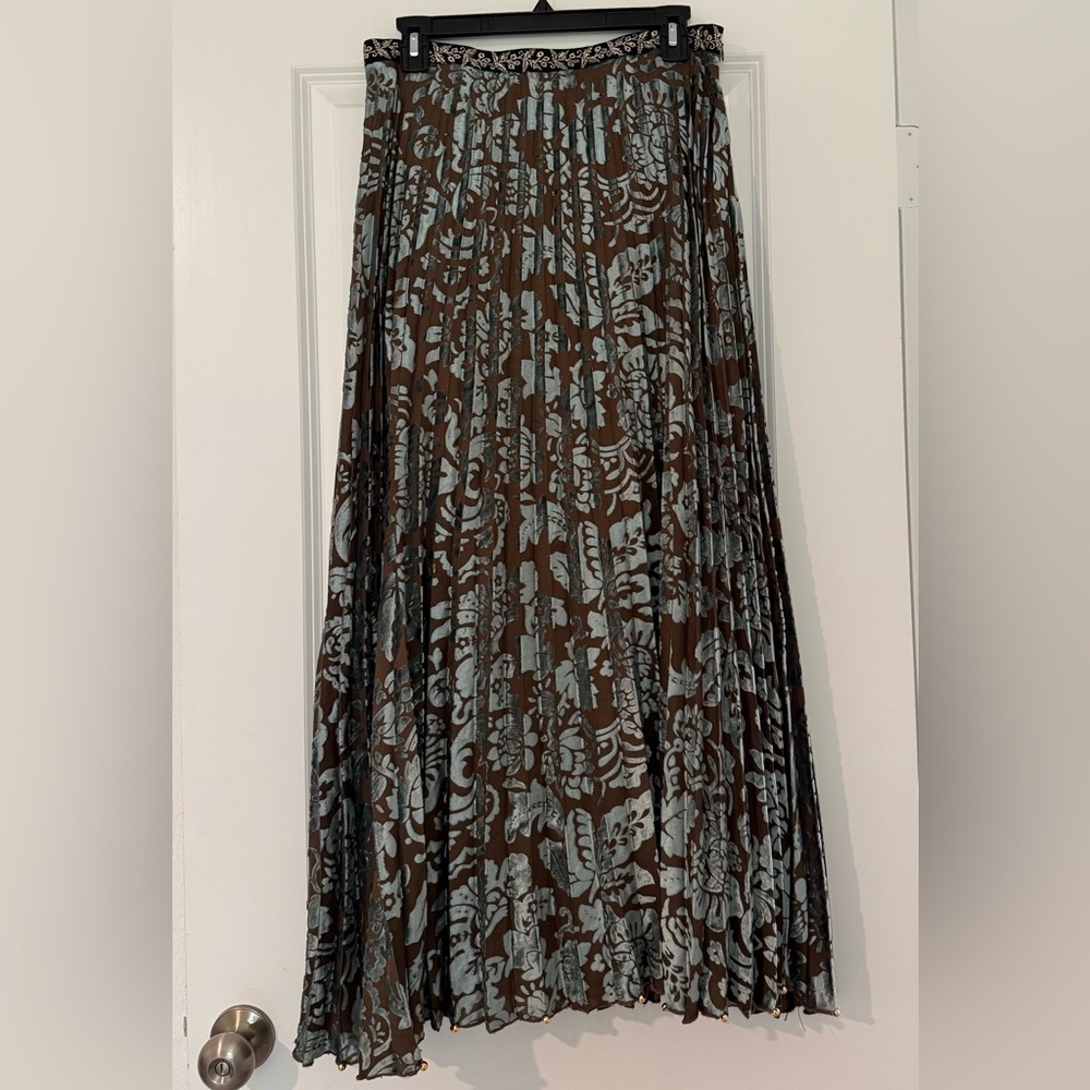 Soft Surroundings Pleated Velour Burnout Maxi Skirt 10 Boho Velvet Floral Blue